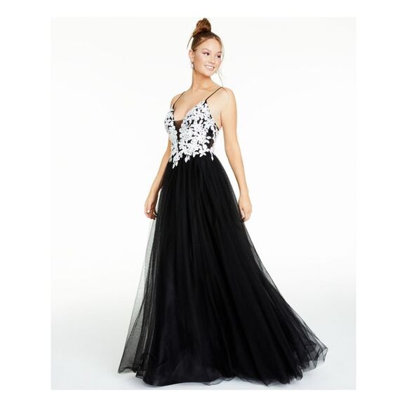 BLONDIE NITES Womens Black Mesh Floral-applique Gown Spaghetti Strap Dress 3 - Picture 3 of 5